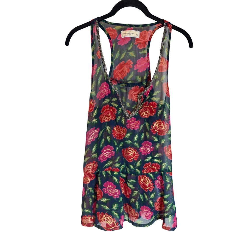 Abercrombie & Fitch Floral Beaded V-Neck Racerback Tank Top Gold Metallic Rose S